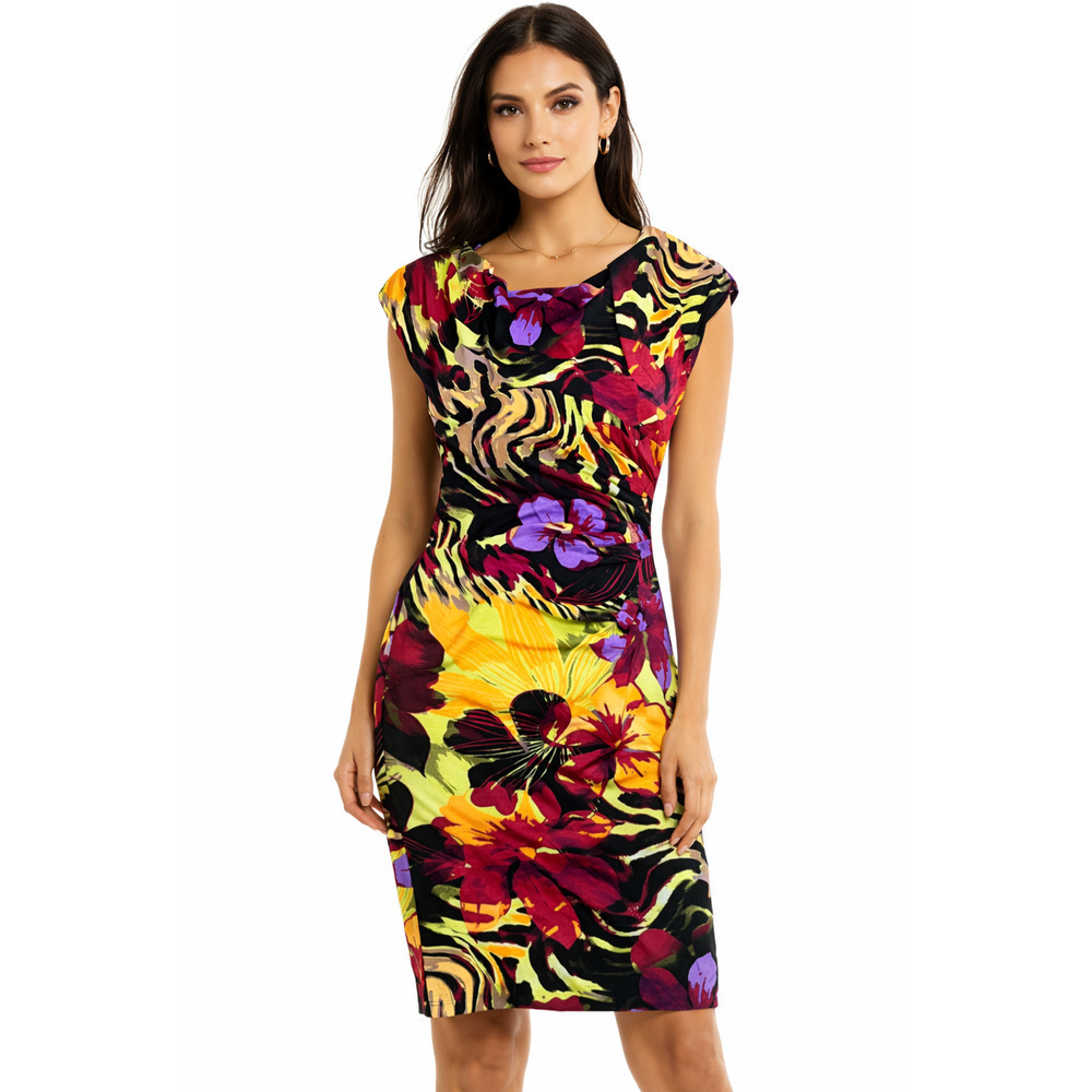 Vintage Cache Sheath Dress Size Small Cap Sleeve Ruched Floral Purple Cocktail